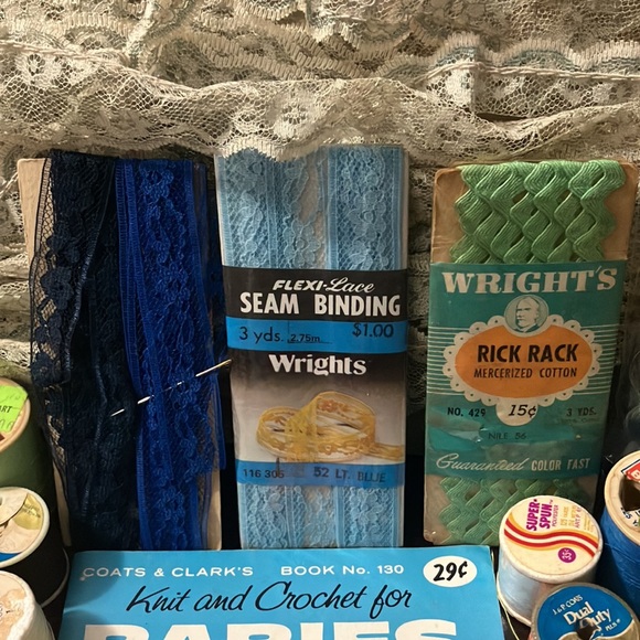 Vintage Sewing Notions & Thread Lot with Lace, 1962 Crochet for Babies Booklet - Picture 10 of 15